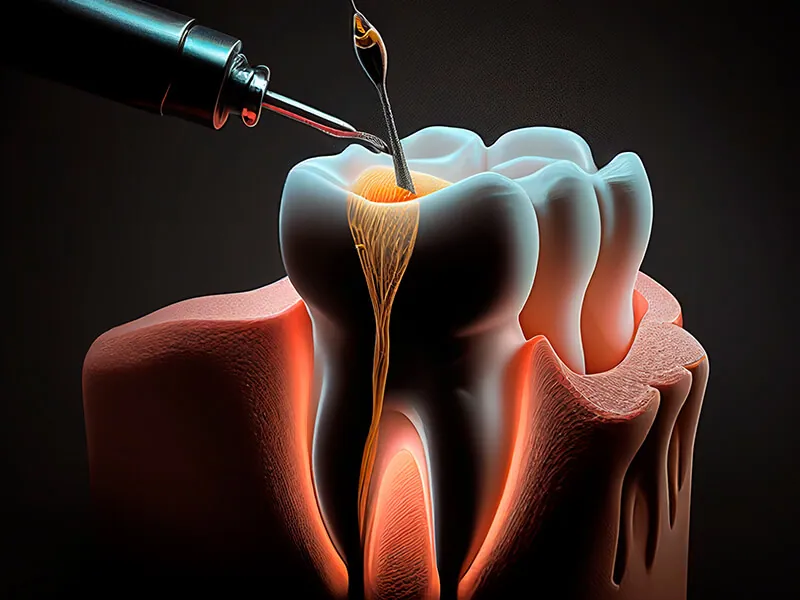 Ilustração do tratamento de canal em um dente
